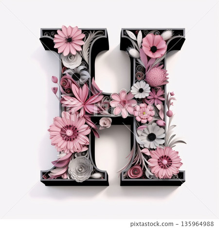 Alphabet made from flowers. Letter H. 3D illustration. Alphabet made from flowers. Letter H. 3D illustration. 135964988