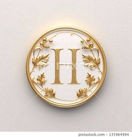 Luxury golden letter H in round frame on white background. 3d rendering Luxury golden letter H in round frame on white background. 3d rendering 135964994