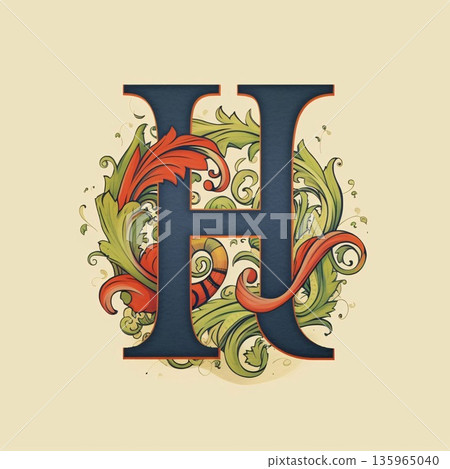 Vintage floral capital letter H with ornate swirls and leaves. Vintage floral capital letter H with ornate swirls and leaves. 135965040