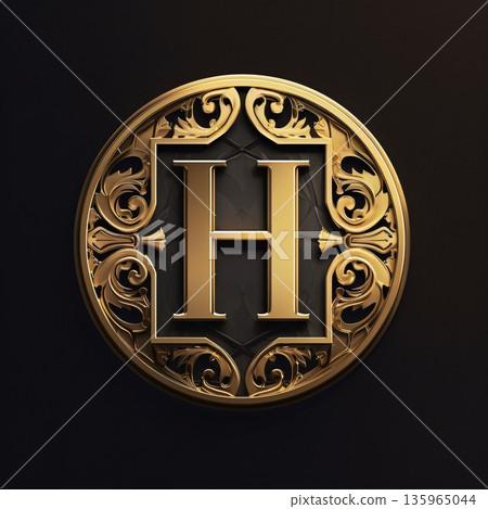 Luxury golden letter H in vintage style on dark background. 3d rendering Luxury golden letter H in vintage style on dark background. 3d rendering 135965044