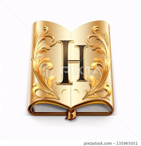 Letter H in a book with gold ornament on a white background. Letter H in a book with gold ornament on a white background. 135965051