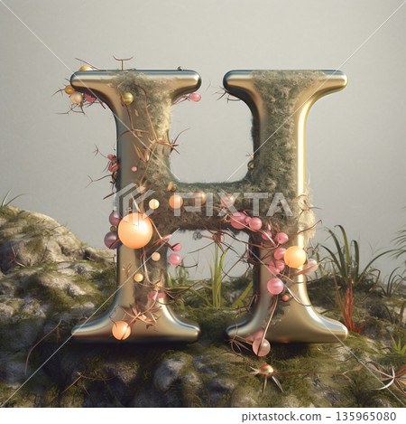 Fantasy alphabet. Letter H. 3D illustration. Vintage style. 135965080