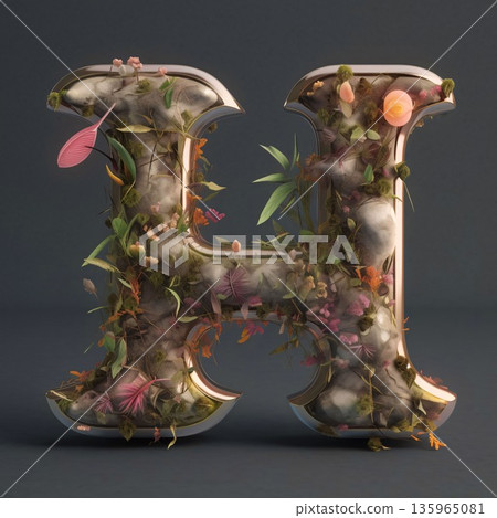 Fantasy floral font. Letter H uppercase. 3D rendering 135965081