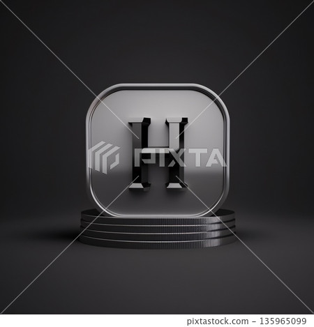 Black glossy letter H lowercase on black background. 3D rendered font. 135965099
