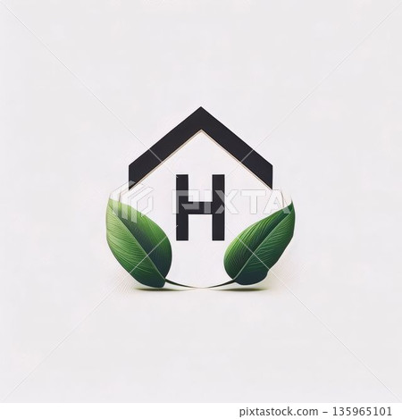 Creative letter H logo with green leaves and house icon. Eco friendly real estate concept. Creative letter H logo with green leaves and house icon. Eco friendly real estate concept. 135965101