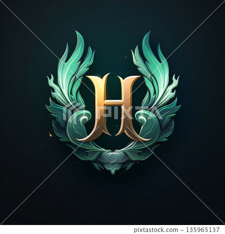 H letter logo with green crowns and floral ornament. Luxury monogram design. H letter logo with green crowns and floral ornament. Luxury monogram design. 135965137