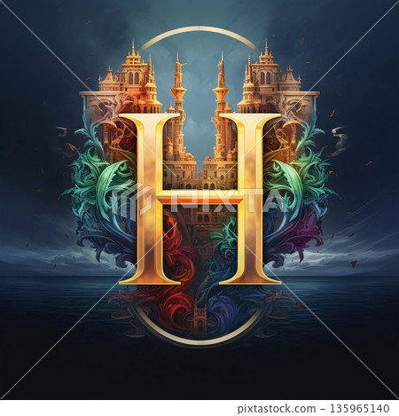 H letter in Arabic style on the background of the night city. H letter in Arabic style on the background of the night city. 135965140