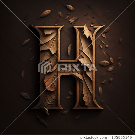 Wooden alphabet, letter h with autumn leaves. 3d render 135965149