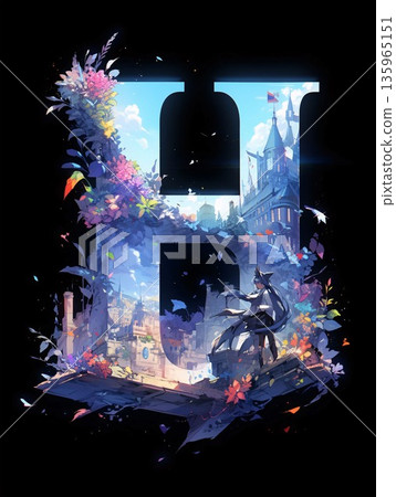 illustration of the letter H with a fairy tale castle on the background illustration of the letter H with a fairy tale castle on the background 135965151