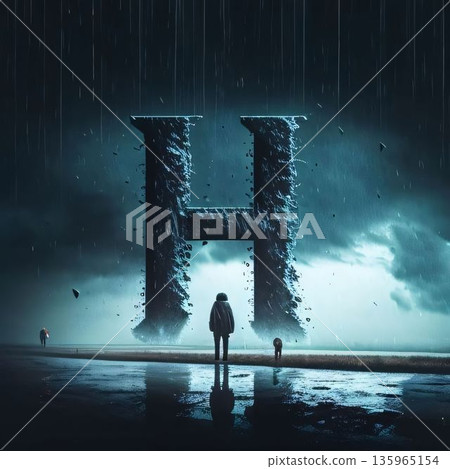 Man standing in front of a big letter H in the rain. Man standing in front of a big letter H in the rain. 135965154