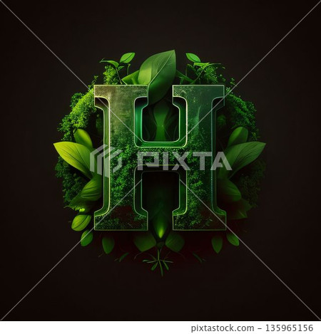 Nature alphabet with green leaves and moss. Letter H. 3D rendering Nature alphabet with green leaves and moss. Letter H. 3D rendering 135965156
