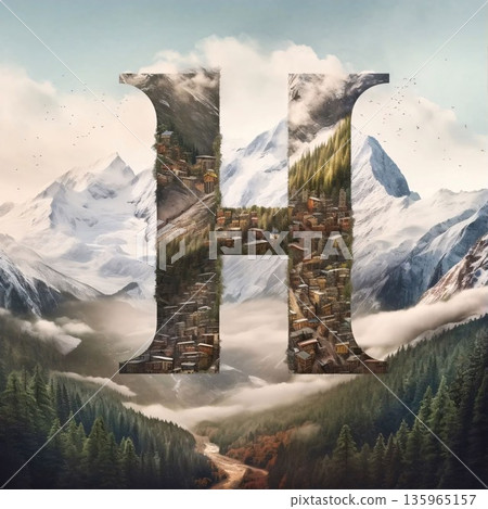 Alphabet letter H in the mountains. 3D Rendering. Alphabet letter H in the mountains. 3D Rendering. 135965157