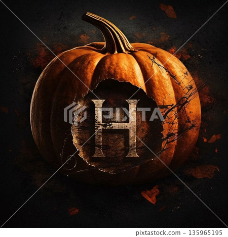 H letter carved in a pumpkin on a grunge background. Halloween concept 135965195