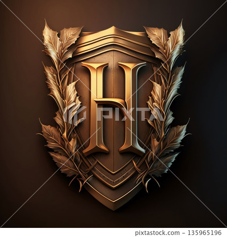 Golden shield with letter H and laurel wreaths. Vector illustration Golden shield with letter H and laurel wreaths. Vector illustration 135965196