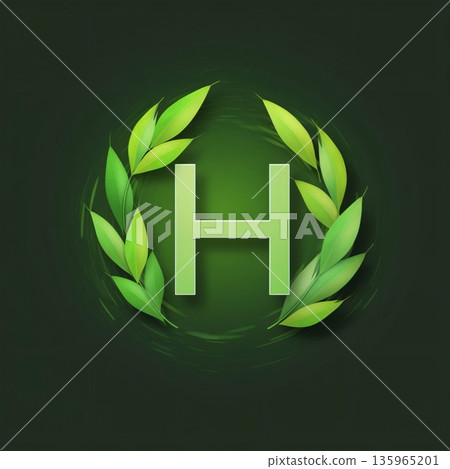 Green eco letter H with leaves on dark background. Vector illustration. 135965201