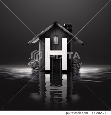 House with letter H in water, 3D render, black background 135965212