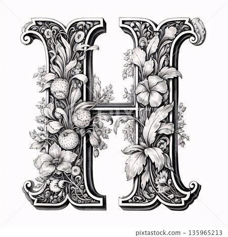 Luxury capital letter H decorated with flowers and leaves. Hand-drawn illustration. 135965213