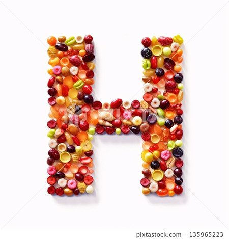 Letter H made of colorful candies, isolated on white background. 135965223