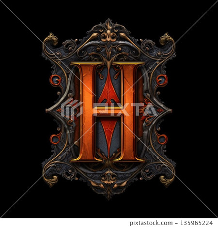 Symbol with ornamented letter H in black. Computer generated 3D photo rendering. 135965224