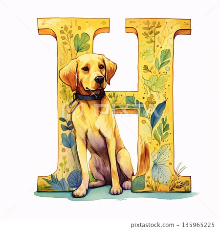 English alphabet with cute dog. Letter H, hand drawn illustration. 135965225