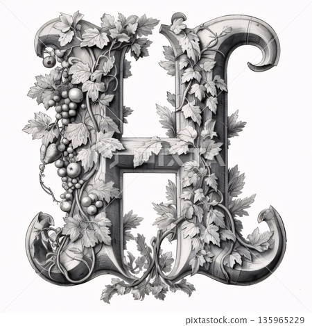 Luxury capital letter H decorated with leaves and grape berries. 135965229