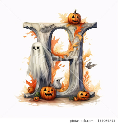 Halloween font, letter H with pumpkins and ghosts on a white background Halloween font, letter H with pumpkins and ghosts on a white background 135965253