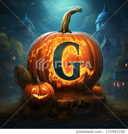 Halloween letter G carved in a pumpkin on a background of a castle 135965288