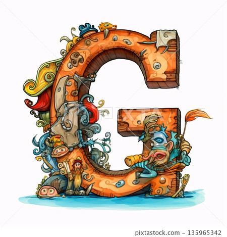 Cartoon alphabet G with caveman and fishes. Letter G. Vector illustration 135965342
