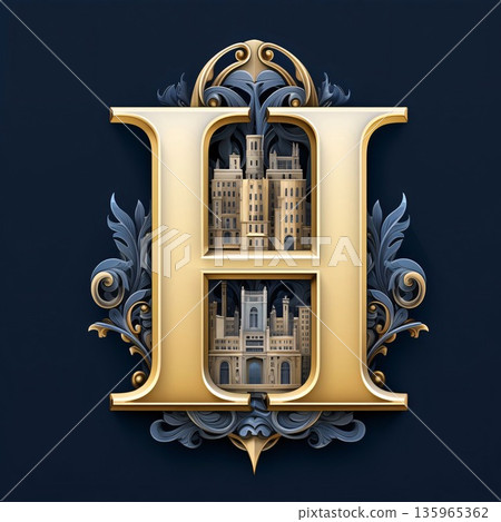 Luxury capital letter H with castle in the style of Baroque. Luxury capital letter H with castle in the style of Baroque. 135965362