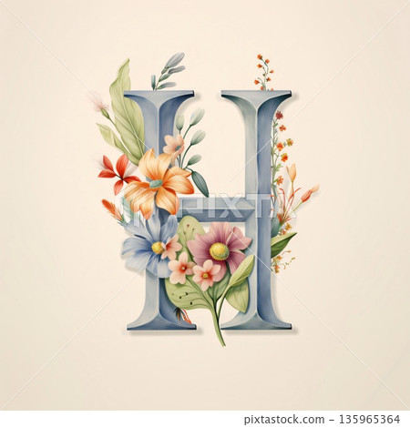 Floral capital letter H with flowers and leaves in retro style. Floral capital letter H with flowers and leaves in retro style. 135965364