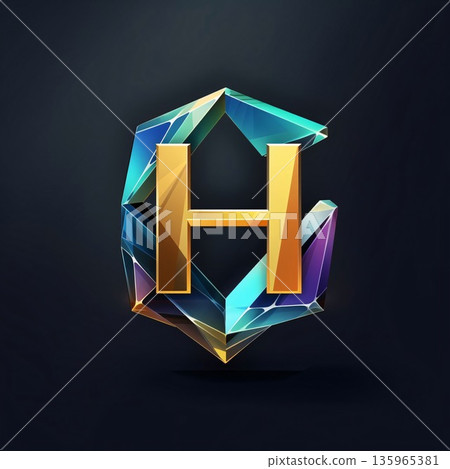 Vector illustration of the letter H in crystal style. Isolated on dark background. 135965381