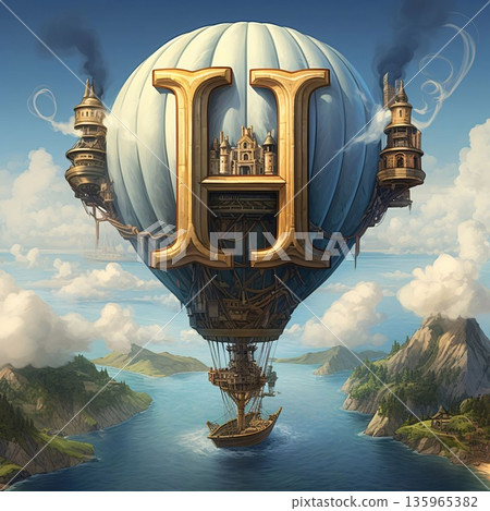 Hot air balloon with the letter H in the sky. 3D rendering 135965382