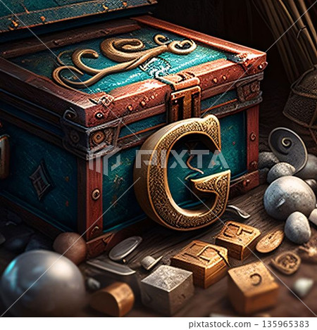 Treasure chest with letters of the alphabet. 3D illustration. Letter G Treasure chest with letters of the alphabet. 3D illustration. Letter G 135965383