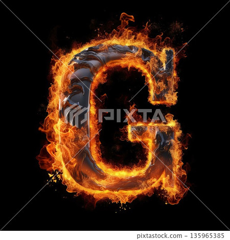 Burning letter G with flames isolated on black background. 3d rendering Burning letter G with flames isolated on black background. 3d rendering 135965385