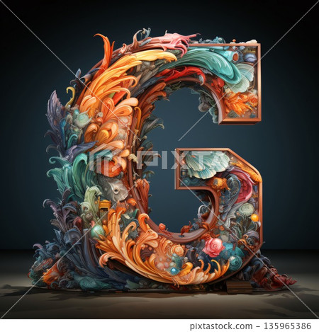 3D illustration, 3D rendering letter G with floral ornament 3D illustration, 3D rendering letter G with floral ornament 135965386