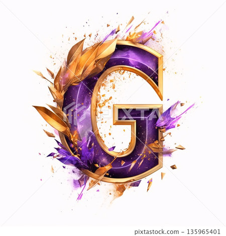 3d golden letter G with purple paint splashes isolated on white background 3d golden letter G with purple paint splashes isolated on white background 135965401