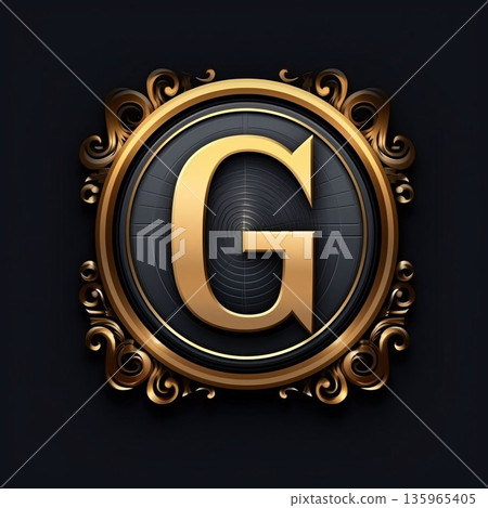 Golden letter G in a round frame on a black background. Vector illustration 135965405