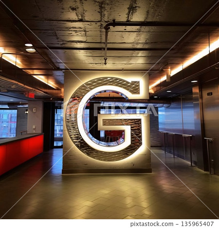 The letter G on the wall of a modern building in the city 135965407