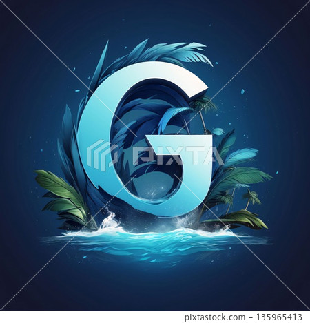 Vector illustration of letter G with palm leaves and ocean waves on dark blue background Vector illustration of letter G with palm leaves and ocean waves on dark blue background 135965413