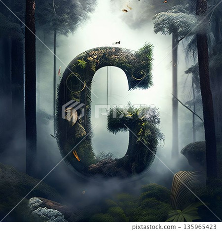 Letter G in the forest. 3D render. Fantasy illustration. Letter G in the forest. 3D render. Fantasy illustration. 135965423