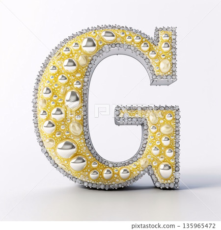 3d illustration of letter G in white background with diamonds and pearls 135965472