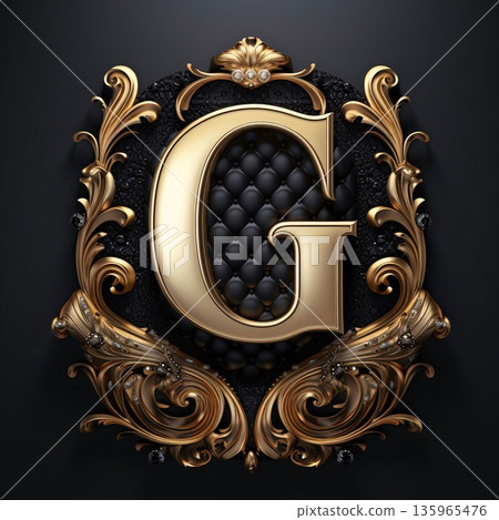 Vector golden monogram with precious stones. Letter G in the style of Baroque. 135965476