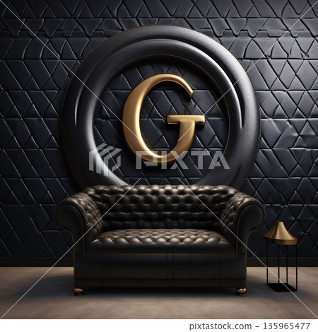 Luxury black leather armchair with gold letter G on the wall. 3d rendering Luxury black leather armchair with gold letter G on the wall. 3d rendering 135965477
