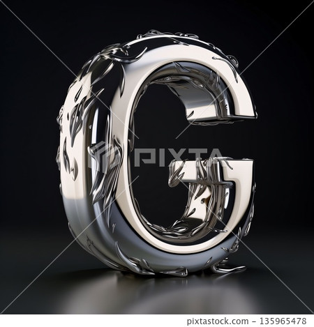 Silver metallic letter G uppercase on black background. 3d rendering 135965478