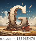 Ruined letter G with flying birds and houses on the background. 135965479