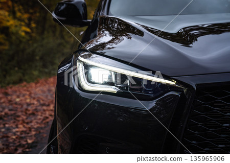 Front Car Headlight with LED Light in Autumn Forest 135965906
