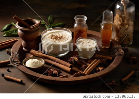 Horchata ingredients: rice, almonds, cinnamon stick. Mexican drink concept 135966133