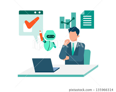 Illustration of a businessman solving problems with AI Supporting business efficiency and data utilization Illustration of a businessman solving problems with AI Supporting business efficiency and data utilization 135966314
