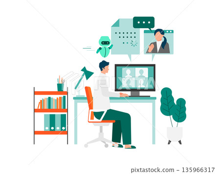 Illustration of a businessman using AI while working from home, expressing meetings and automation 135966317