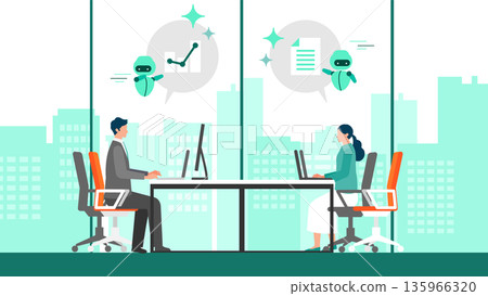 Illustration of a man and woman using AI in the office AI assistant supporting business operations 135966320